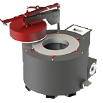 rendering of a gray and red crucible furnace with the lid open for industry metal production
