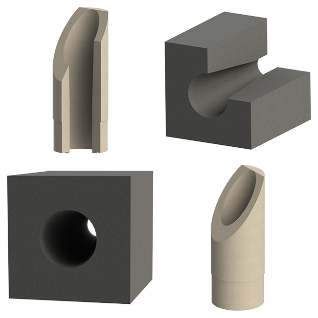 Four renderings of precast refractory shapes, tap-out block and burner block for the foundry industry